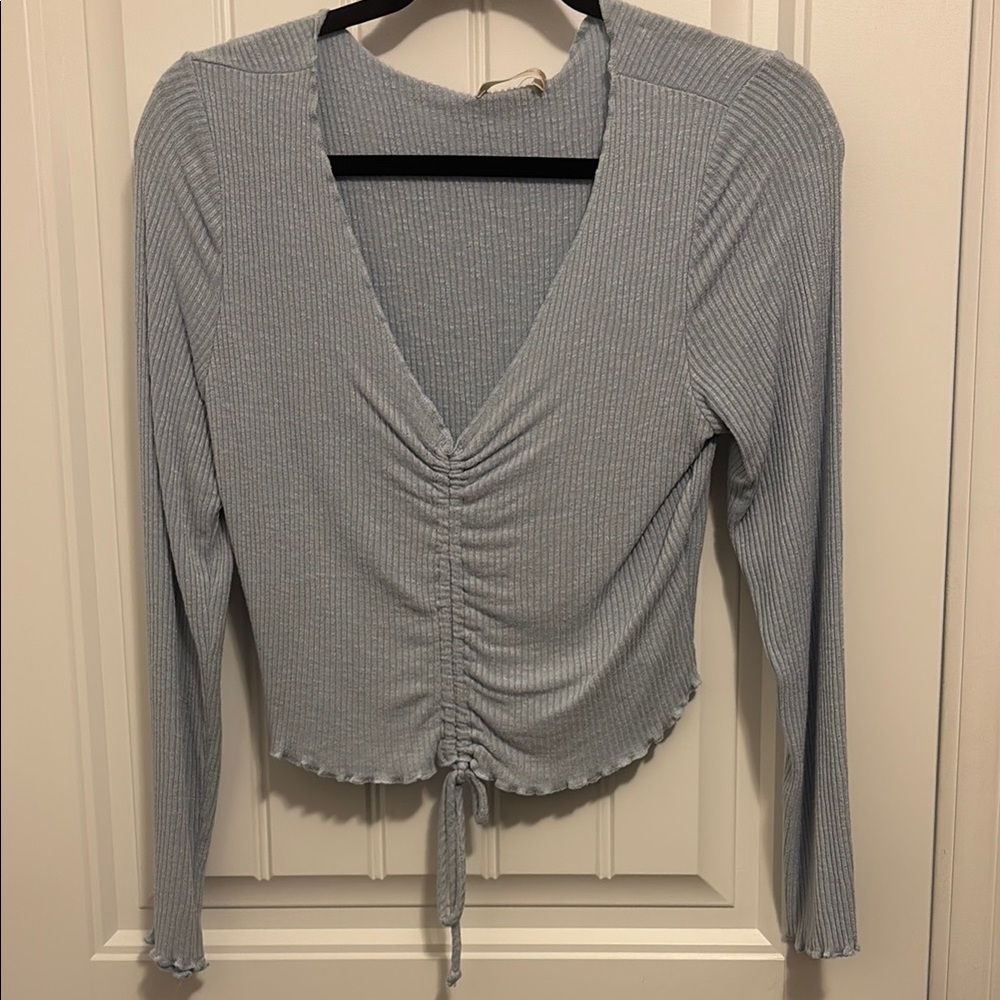 Altar'd State Blue Ruched Tie Front Blouse